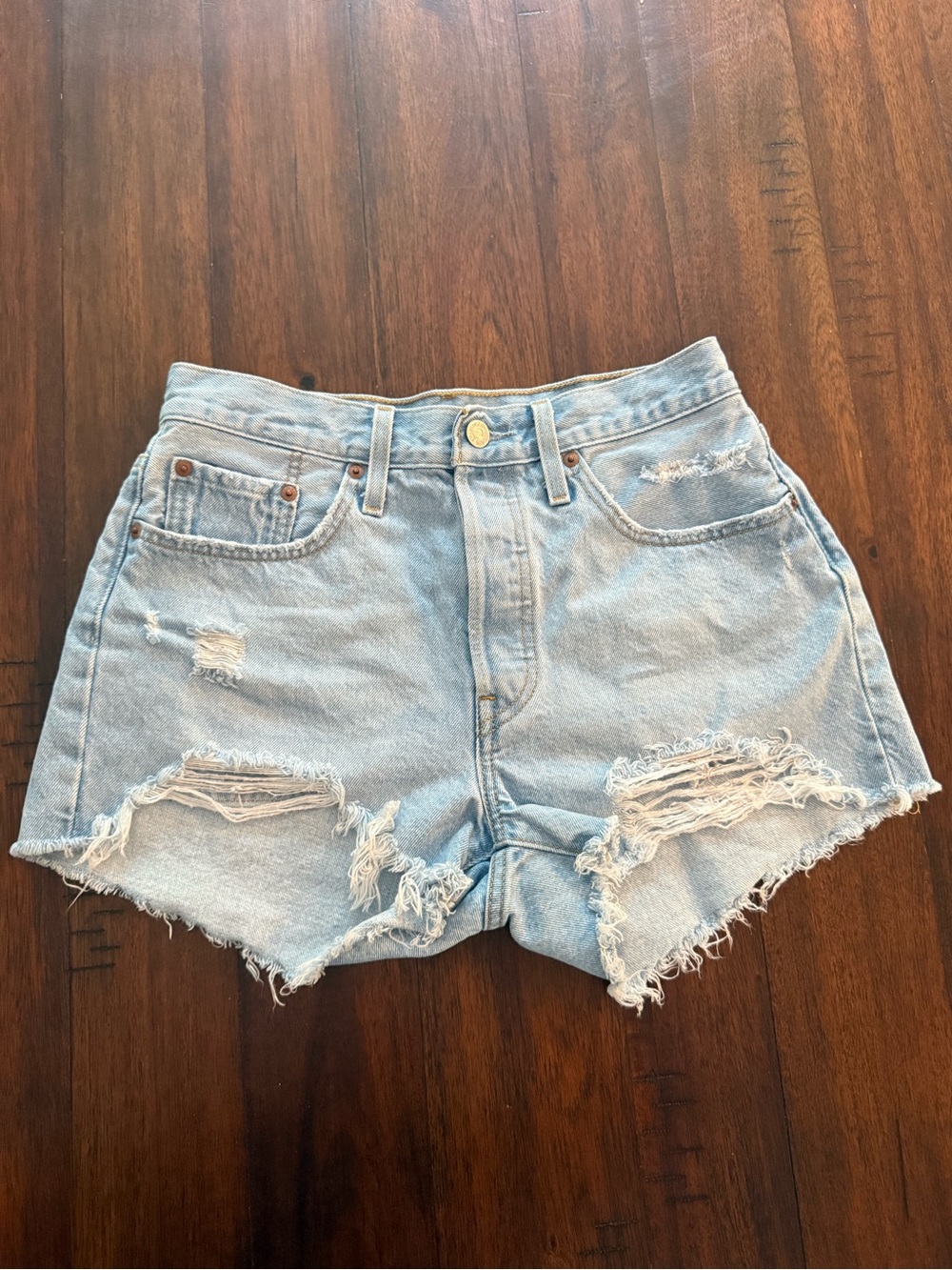 Levi 501 Light Blue Distressed Denim Shorts